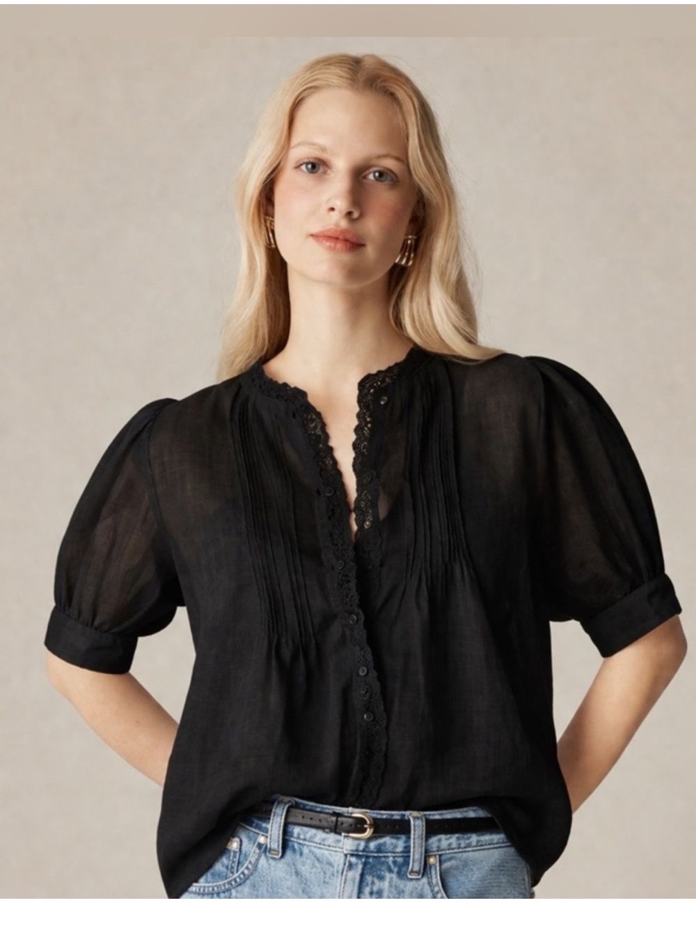 J. Crew Black Lace-Trim Puff Sleeve Blouse